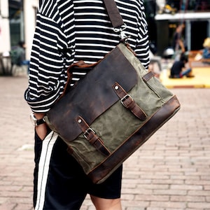 Personalized Waxed Canvas Messenger Bag Men Satchel Briefcase Vintage Crossbody Bag Canvas Shoulder Bag Laptop Bag Unique Groomsmen Gifts image 3