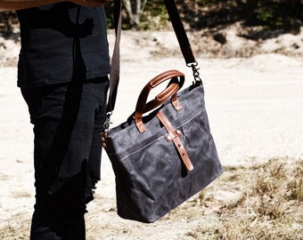 Large Capacity Waxed Canvas Tote, Unisex Crossbody Bag, Shopping Bag, Shoulder Bag, Resusable Tote Bag with Outside Pocket, Handbag Women