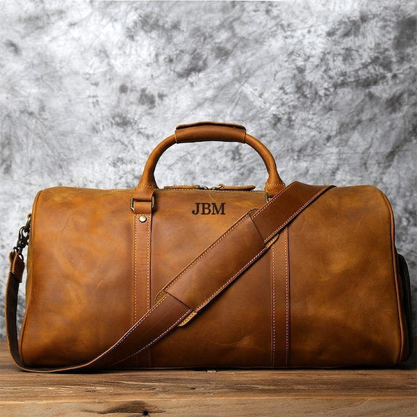 Personalized Mens Travel Bag, Full Grain Leather Duffel Bag, Monogrammed Duffle Bag, Weekend Luggage Bag, Christmas Gifts, Carry-on Bag