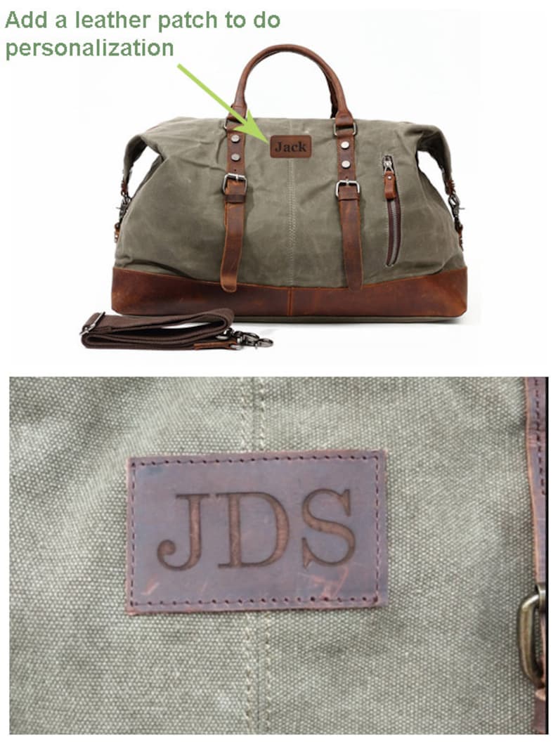 May include: A canvas duffel bag with brown leather accents, straps, and handles. The bag has a brown leather base and a detachable shoulder strap. A leather patch with the name "Jack" is visible. The bag is designed for personalization.