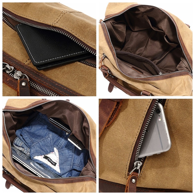 May include: A tan canvas duffel bag with brown leather accents and a zippered closure. The bag has multiple compartments, including an interior pocket and a zippered exterior pocket. A black wallet and a smartphone are visible inside.