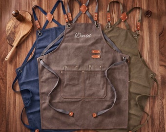 Personalized Bar Apron, Canvas Workshop Apron with Pockets, Custom Gift for Him, Embroidered Kitchen Apron, Barbeque Apron, Christmas Gift