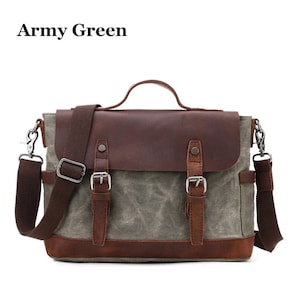 May include: Army green messenger bag with a brown leather flap and accents. The bag features a shoulder strap, a top handle, and two front buckles. The text "Army Green" is at the top of the image.