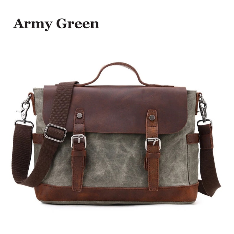 May include: Army green messenger bag with a brown leather flap and accents. The bag features a shoulder strap, a top handle, and two front buckles. The text "Army Green" is at the top of the image.