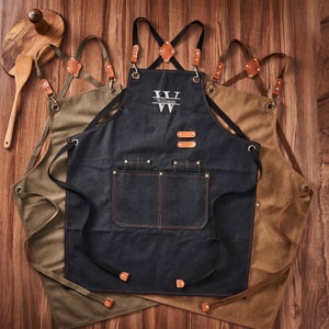 Gepersonaliseerde canvas schort, aangepast vaderdagcadeau, barmanschort, geborduurde schort, barbecueschort, chef-kokschort heren, kerstcadeau