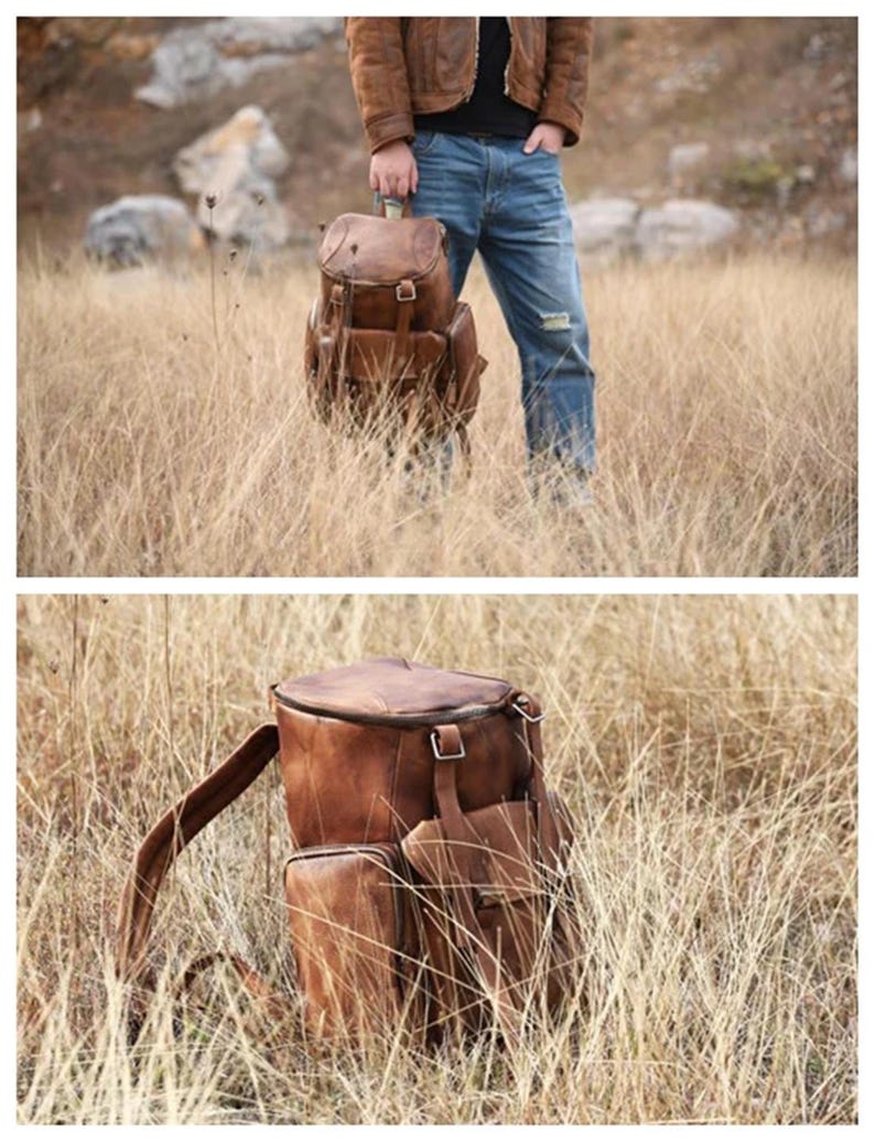 May include: A brown leather backpack with multiple compartments and adjustable straps. The backpack has a top flap closure and side pockets. The bag is made of a distressed leather material, giving it a vintage look. The backpack is designed for carrying items and is suitable for travel or everyday use.