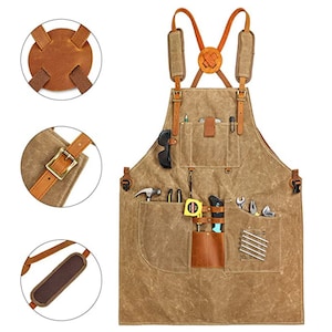 Personalized Waxed Canvas and Vegan Leather Work Apron with Pockets Heavy Duty Woodworking and Metalworking Apron BBQ Apron for Men