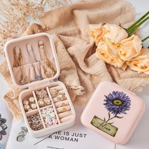 Custom Jewelry Box, Jewelry Box for Women, Bridesmaid Proposal Gift, Birthday Gift, Leather Jewelry Travel Case, Birth Flower Jewelry Case