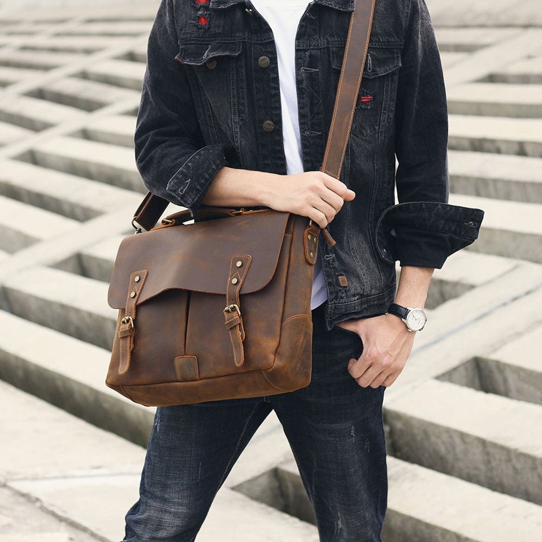 Personalized Leather Briefcase Messenger Bag for Men Vintage Handmade ...