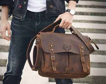 Personalized Leather Briefcase Messenger Bag Leather Crossbody Bag Laptop Bag Monogrammed Leather Satchel Bag