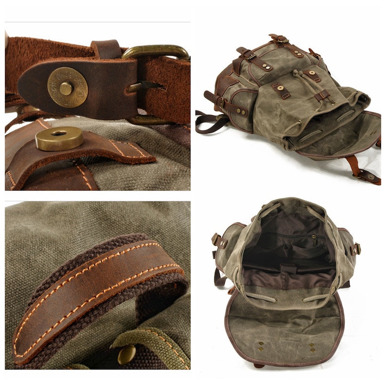 Puede incluir: Una mochila de lona verde con detalles y correas de cuero marr&oacute;n. La mochila tiene un cierre de cord&oacute;n y varios bolsillos. La mochila est&aacute; abierta para mostrar el forro interior.