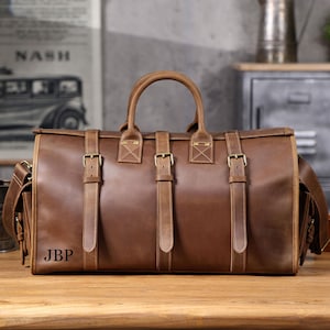 Leather Weekender Duffel Bag Leather Travel Bag for Men Personalized Full Grain Leather Holdall Anniversary Gift for Husband