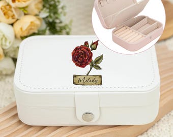 Birth Flower Jewellery Box for Women,Personalised Leather Travel Jewelry Case,Mothers Day Gift,Wedding Favors,Bridesmaid Gift,Gift for Her