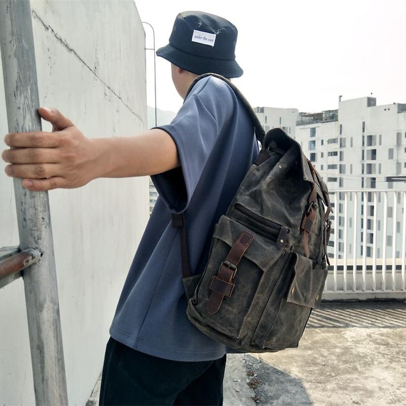 Waxed Canvas School Backpack Large Waterproof Travel Backpack Etsy