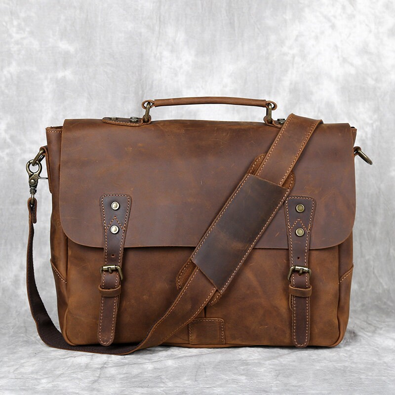Personalized Leather Briefcase Messenger Bag for Men Vintage Etsy