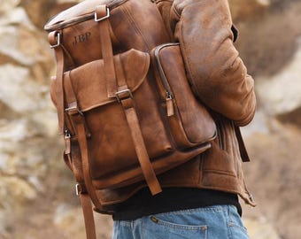 Distressed Leather Backpack, Mens Leather Backpack, Leather Rucksack, Travel Backpack, Oversized Backpack, Unisex Backpack, Weekend Holdall