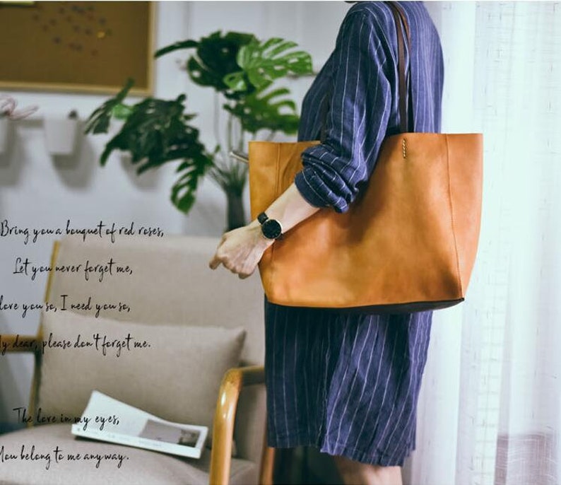 Personalized Leather Tote Bag Women Handmade Leather Shoulder Bag Custom Leather Purse Everyday Leather Handbag Daily Leather Shopper Bag image 7