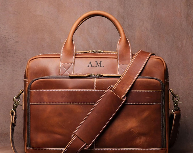 Personalized Leather Laptop Bag, Leather Work Bag with Compartments, Custom Briefcase for Men and Women, Professional Business Bag