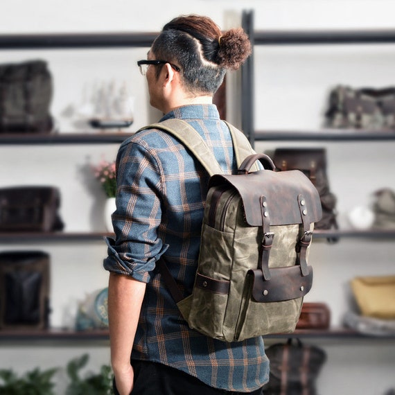 Personalized Waxed Canvas Travel Backpack School Backpack Hiking Rucksack  Laptop Backpack
