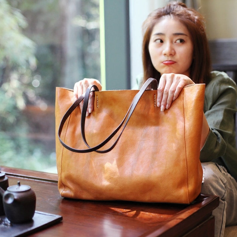 Personalized Leather Tote Bag Women Handmade Leather Shoulder Bag Custom Leather Purse Everyday Leather Handbag Daily Leather Shopper Bag image 1