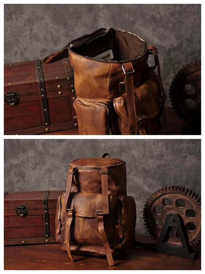 May include: A brown leather backpack with multiple pockets and adjustable straps. The bag has a vintage, worn look. A wooden chest and a metal gear are in the background, suggesting a rustic or industrial theme.