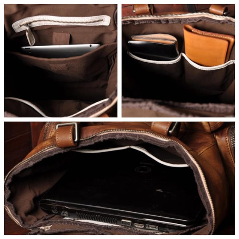 May include: A brown leather bag with multiple compartments, including a zippered pocket, a tablet sleeve, and pockets for wallets. The bag has a laptop compartment and a zipper closure. The interior is lined with a lighter brown fabric.