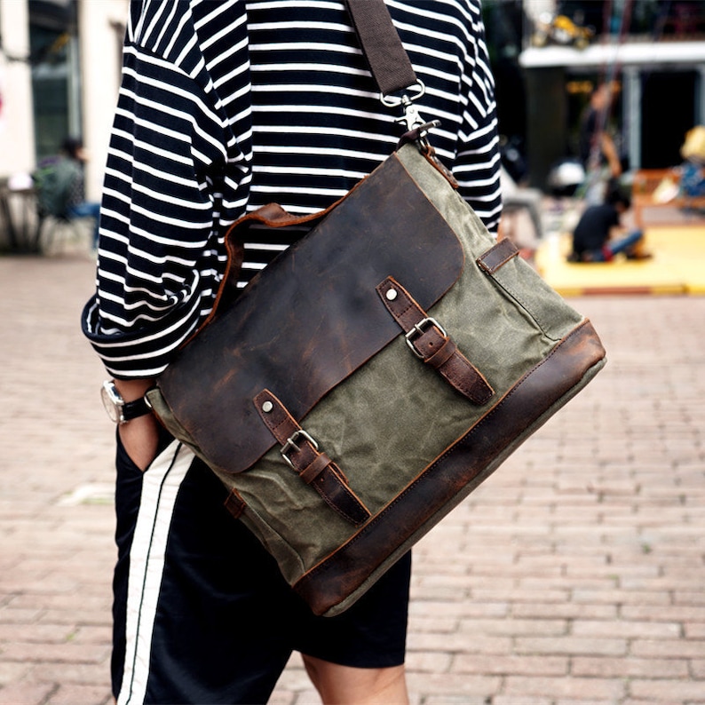 Personalized Waxed Canvas Messenger Bag Men Satchel Briefcase Vintage Crossbody Bag Canvas Shoulder Bag Laptop Bag Unique Groomsmen Gifts image 3