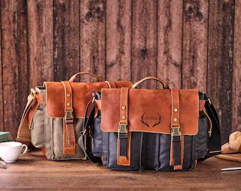 Gepersonaliseerde messengertas van gewaxt canvas herentas aktetas vintage crossbodytas canvas schoudertas unieke cadeaus