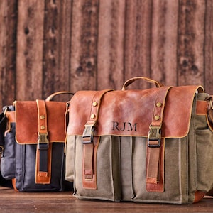 Monogrammed Waxed Canvas Messenger Bag Mens Canvas Leather Briefcase Crossbody Bag Courier Bag Satchel Bag Christmas Gifts