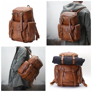 May include: A brown leather backpack with multiple compartments, pockets, and adjustable straps. The bag has a top flap closure and side pockets. The backpack is shown from multiple angles, including on a person's back, and is designed for travel or outdoor use.