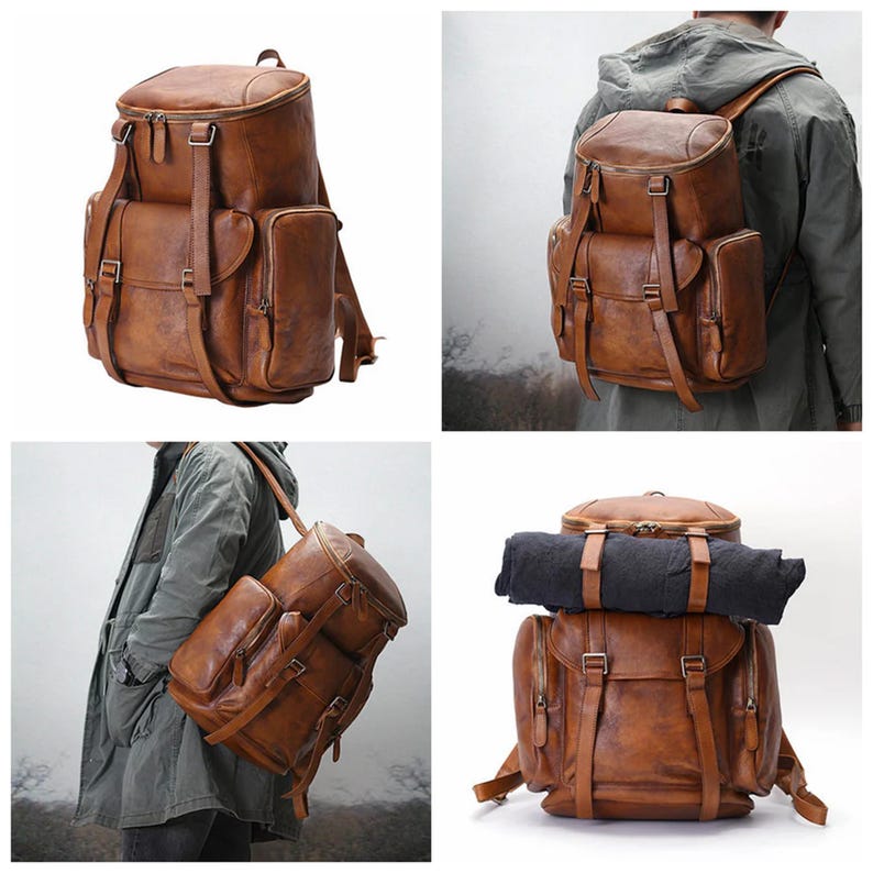 May include: A brown leather backpack with multiple compartments, pockets, and adjustable straps. The bag has a top flap closure and side pockets. The backpack is shown from multiple angles, including on a person's back, and is designed for travel or outdoor use.