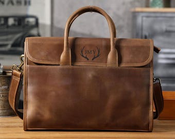 Personalized Leather Briefcase, Shoulder Bag, Satchel Bag, Laptop Bag, Business Bag, Messenger Bag, Leather Office Bag, Gift for Him