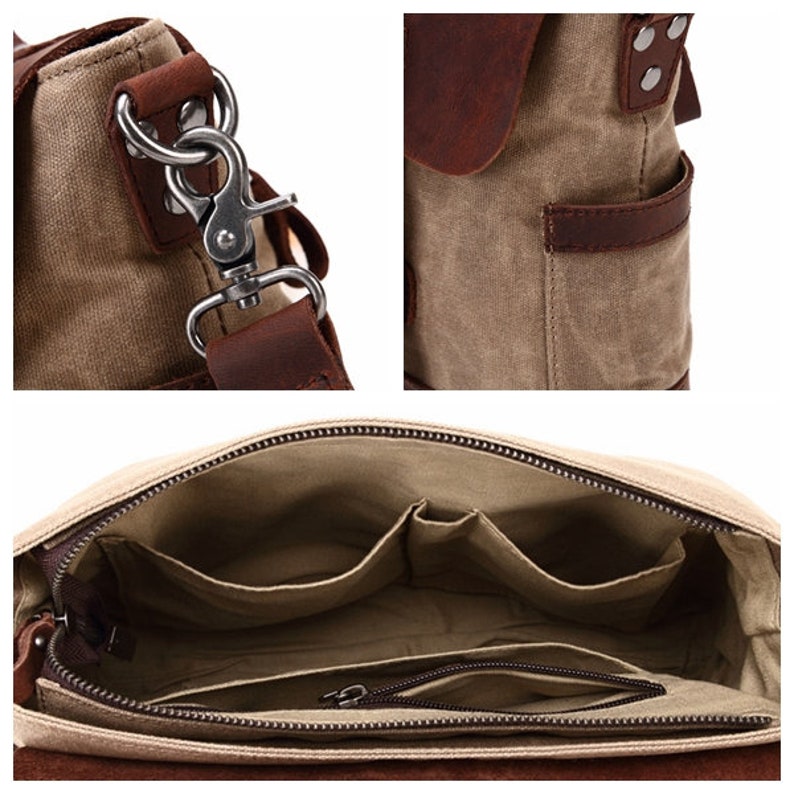 May include: A tan canvas messenger bag with brown leather accents. The bag features a flap closure, multiple interior pockets, and a shoulder strap with a metal clasp. The bag's interior is a light tan color.