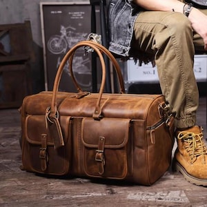 Gepersonaliseerde leren weekendtas, grote reistas, leren weekendtas heren, outdoortas, weekendtas, gegraveerde leren plunjezak voor heren