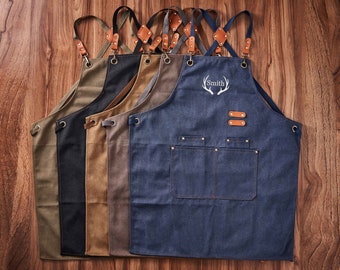 Tablier de cuisine brodé, tablier d'atelier en toile avec poches, cadeau personnalisé pour lui, tablier de bar personnalisé, tablier de barbecue, tablier de barman