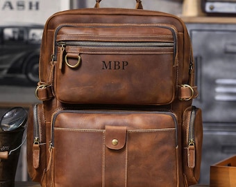 Mochila personalizada de couro integral, mochila de viagem masculina de couro, mochila para laptop de 15'', melhor presente para ele, presente para o pai, presente para o dia dos pais