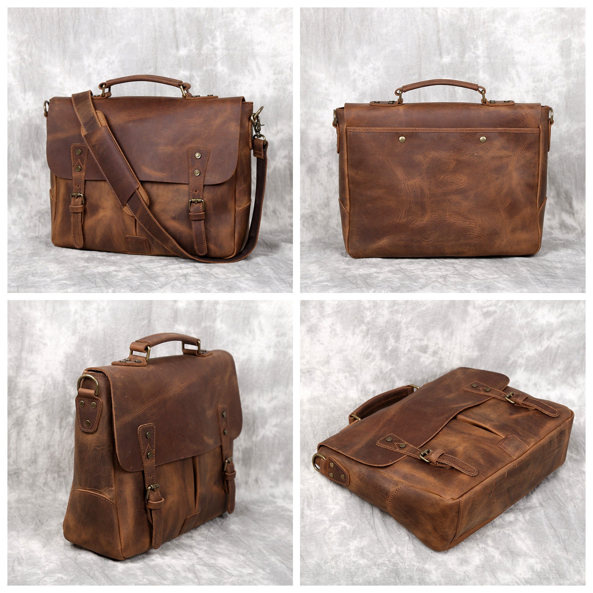 Personalized Leather Briefcase Messenger Bag for Men Vintage Etsy