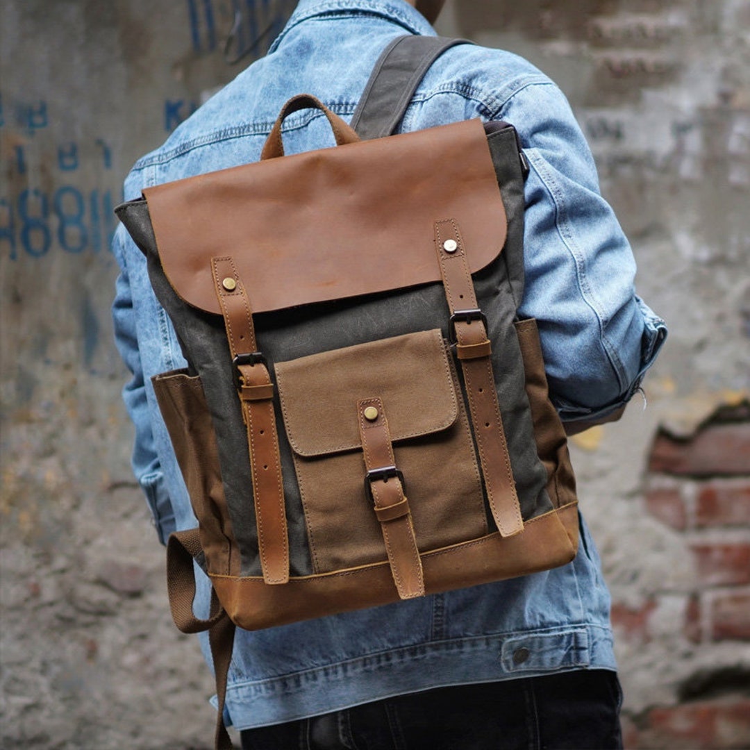 Handmade Waxed Canvas Leather Backpack Large Travel Backpack Hiking ...