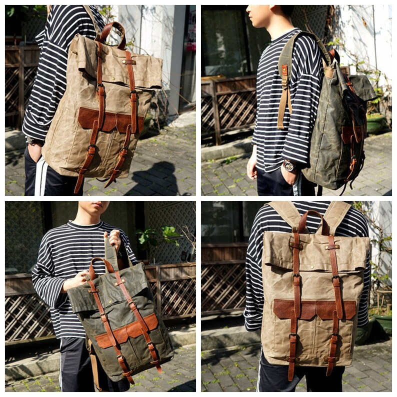 Handmade Waxed Canvas Backpack Large Travel Backpack Etsy