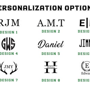 May include: Image showcasing nine personalization options. The text "PERSONALIZATION OPTIONS" is at the top. Designs include initials, names, and monograms in various fonts and styles, labeled as Design 1 through Design 9.