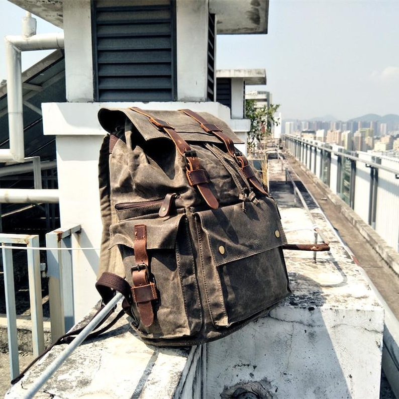 Waxed Canvas School Backpack Large Waterproof Travel Backpack Etsy
