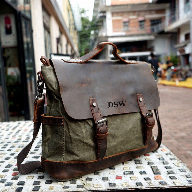 Personalized Waxed Canvas Messenger Bag Men Satchel Briefcase Etsy Israel