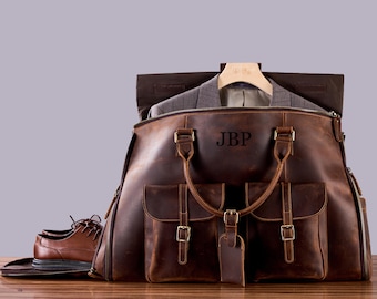 Personalized Leather Hanging Clothes Bag, Leather Duffel Bag with Shoe Pouch, Carry-on Garment Bag, Groomsmen Gift Bag