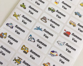 May include: A sheet of white rectangular labels with colorful cartoon images of vehicles. Each label has the name "Samson Van" printed in black text.