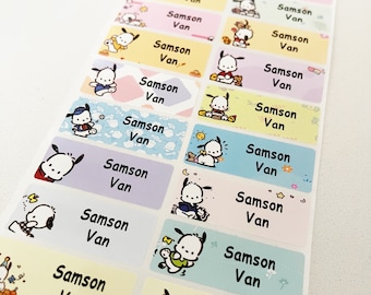 Op de afbeelding: Een vel met kleurrijke labels met een cartoon-hondendesign. De labels zeggen "Samson Van" in zwarte tekst.