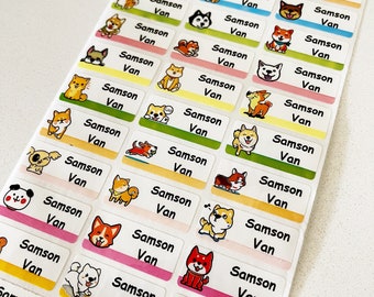May include: A sheet of colorful, rectangular labels with cartoon dogs and the text "Samson Van" repeated on each label.