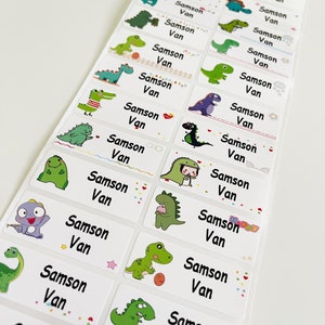 May include: A sheet of white labels with colourful dinosaur illustrations and the names "Samson Van" repeated on each label.