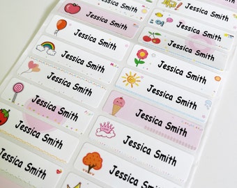 May include: A sheet of colorful, pink and white personalized name labels with various cute illustrations. The labels feature the name "Jessica Smith" repeated on each label.