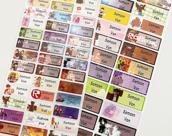May include: A sheet of colorful rectangular name labels with the name "Samson Van" printed on each label. The labels feature various designs including video game characters, a red "R" logo, and a checkered pattern.