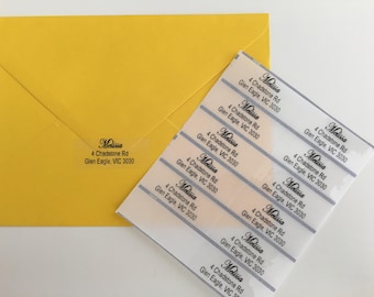 May include: A yellow envelope with a clear address label that reads "Melissa, 4 Chadstone Rd, Glen Eagle, VIC 3030." Several address labels are visible, with the same information. The labels are on a white background.